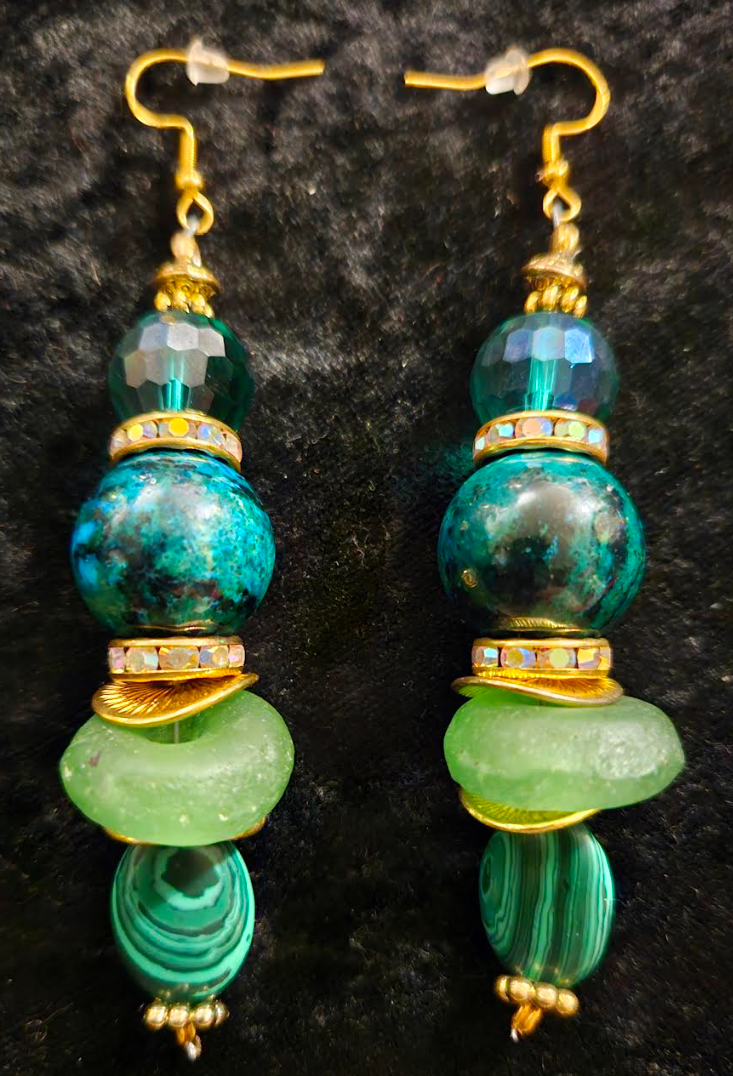 Blue Green Gemstone Pierced Dangle Statement Earrings Chrysocolla Ma