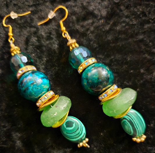 Blue Green Gemstone Pierced Dangle Statement Earrings Chrysocolla Ma