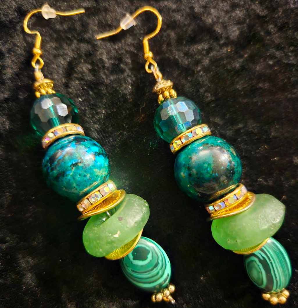 Blue Green Gemstone Pierced Dangle Statement Earrings Chrysocolla Ma