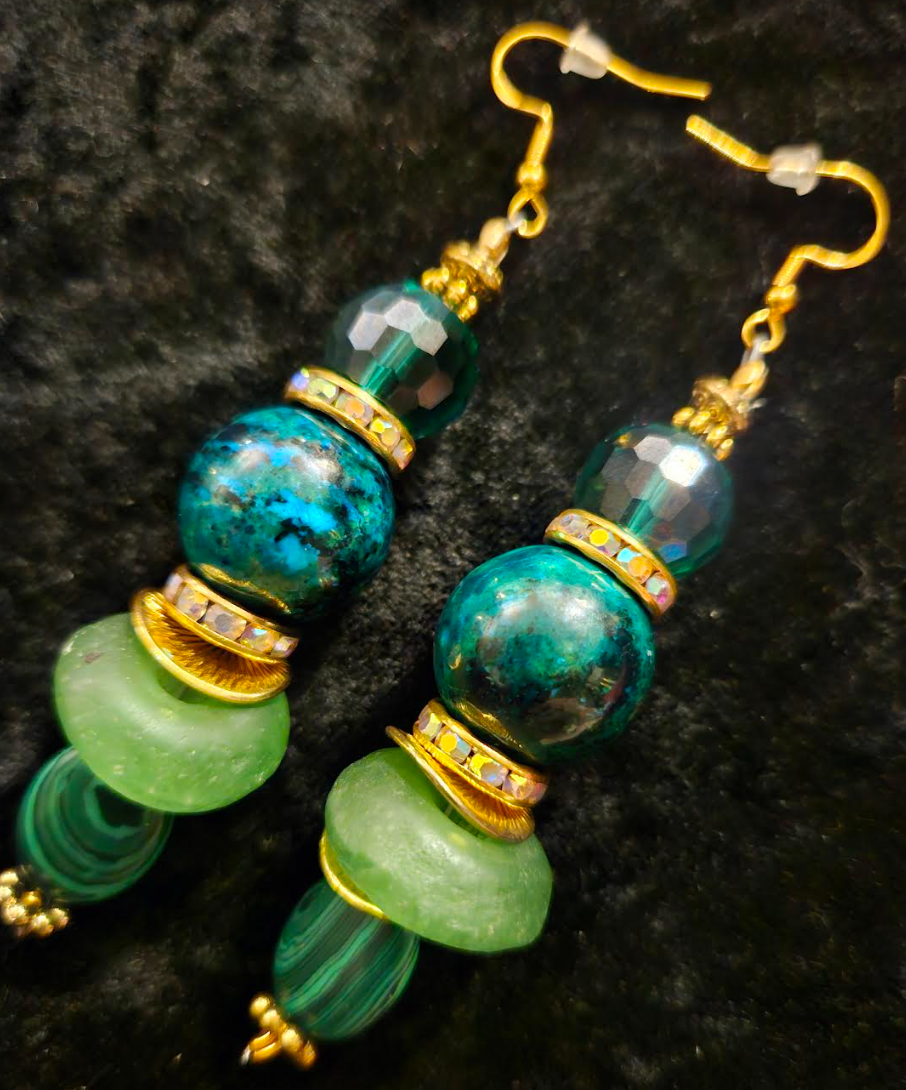 Blue Green Gemstone Pierced Dangle Statement Earrings Chrysocolla Ma