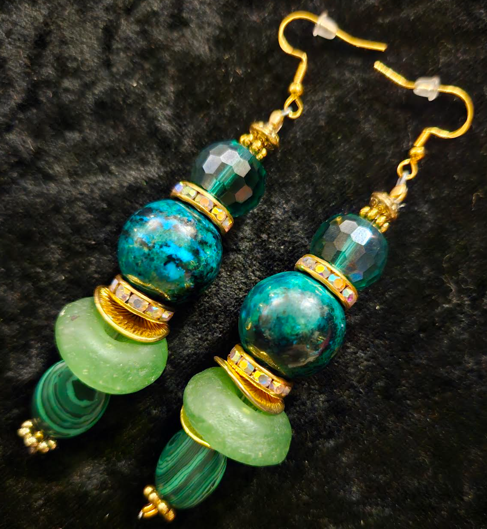 Blue Green Gemstone Pierced Dangle Statement Earrings Chrysocolla Ma