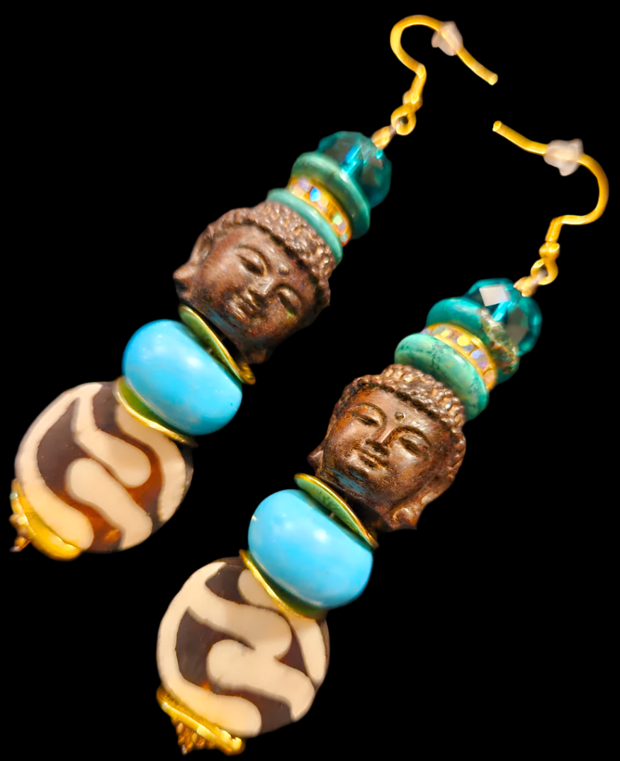 Blue and Brown Agarwood Buddha Head Dangle Statement Earrings Bone M