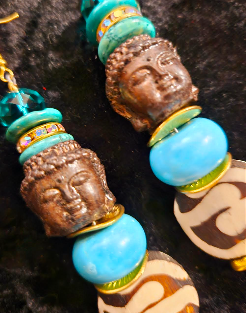 Blue and Brown Agarwood Buddha Head Dangle Statement Earrings Bone M