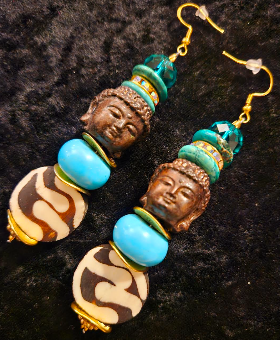 Blue and Brown Agarwood Buddha Head Dangle Statement Earrings Bone M