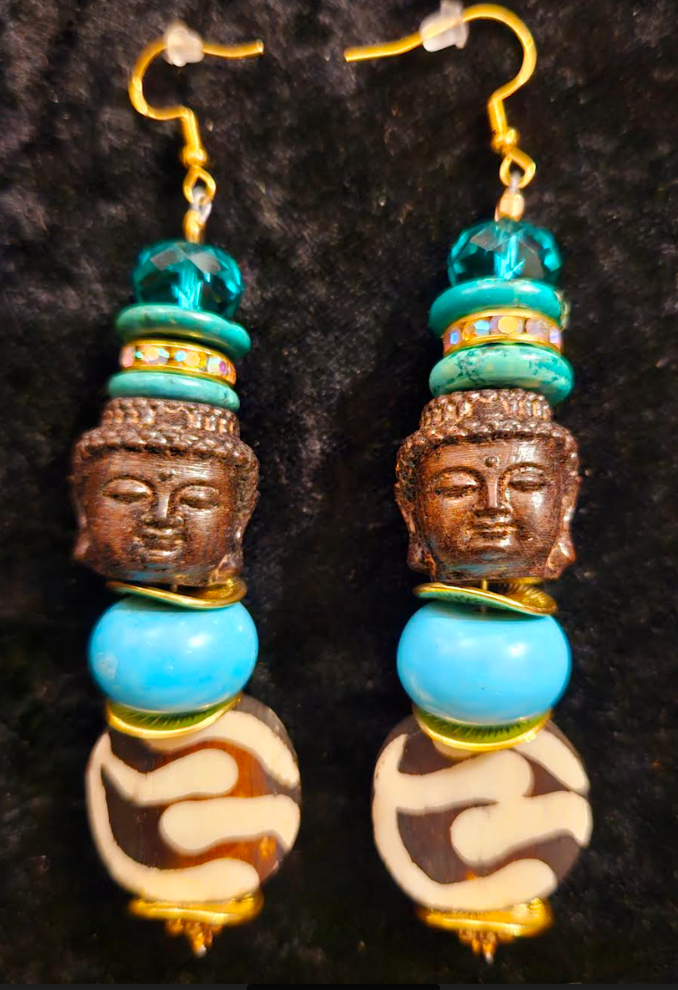 Blue and Brown Agarwood Buddha Head Dangle Statement Earrings Bone M