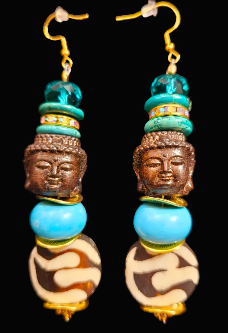 Blue & Brown Buddha Head Dangle Tribal Statement Earrings - African