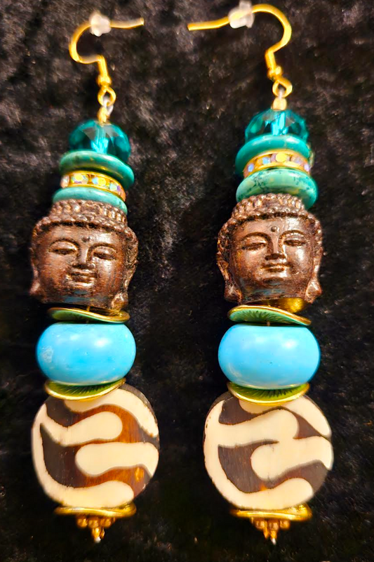 Blue and Brown Agarwood Buddha Head Dangle Statement Earrings Bone M