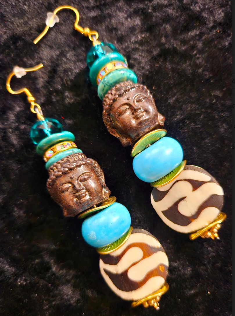 Blue and Brown Agarwood Buddha Head Dangle Statement Earrings Bone M