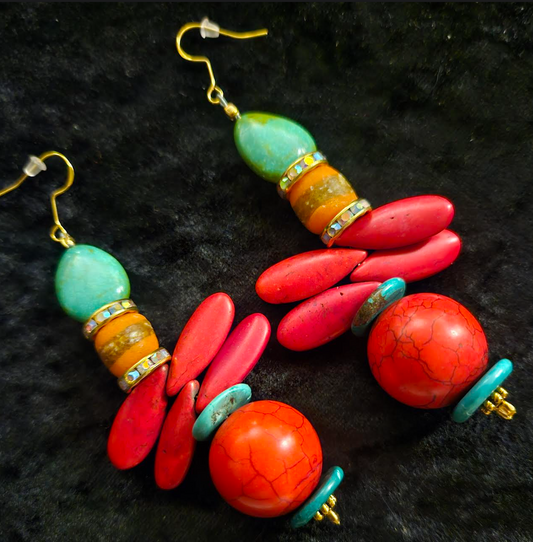 Red Green and Orange Beaded Long Pierced Statement Earrings Magnesit