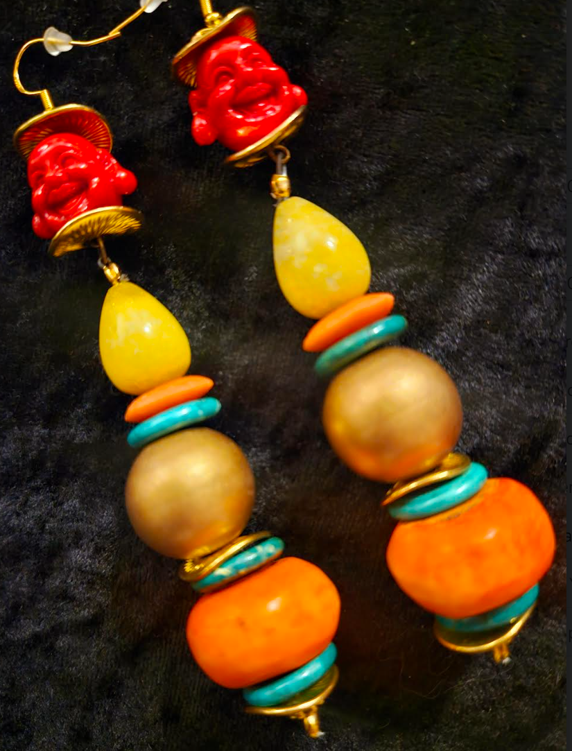 Red Buddha Long Beaded Tribal Statement Statement Earrings Red Yello