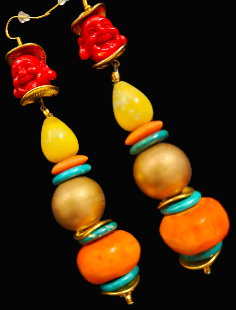 Red Buddha Long Beaded Tribal Statement Statement Earrings - OOAK