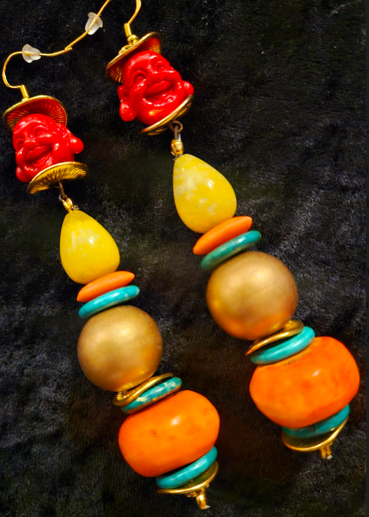 Red Buddha Long Beaded Tribal Statement Statement Earrings Red Yello