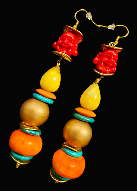 Red Buddha Long Beaded Tribal Statement Statement Earrings - OOAK