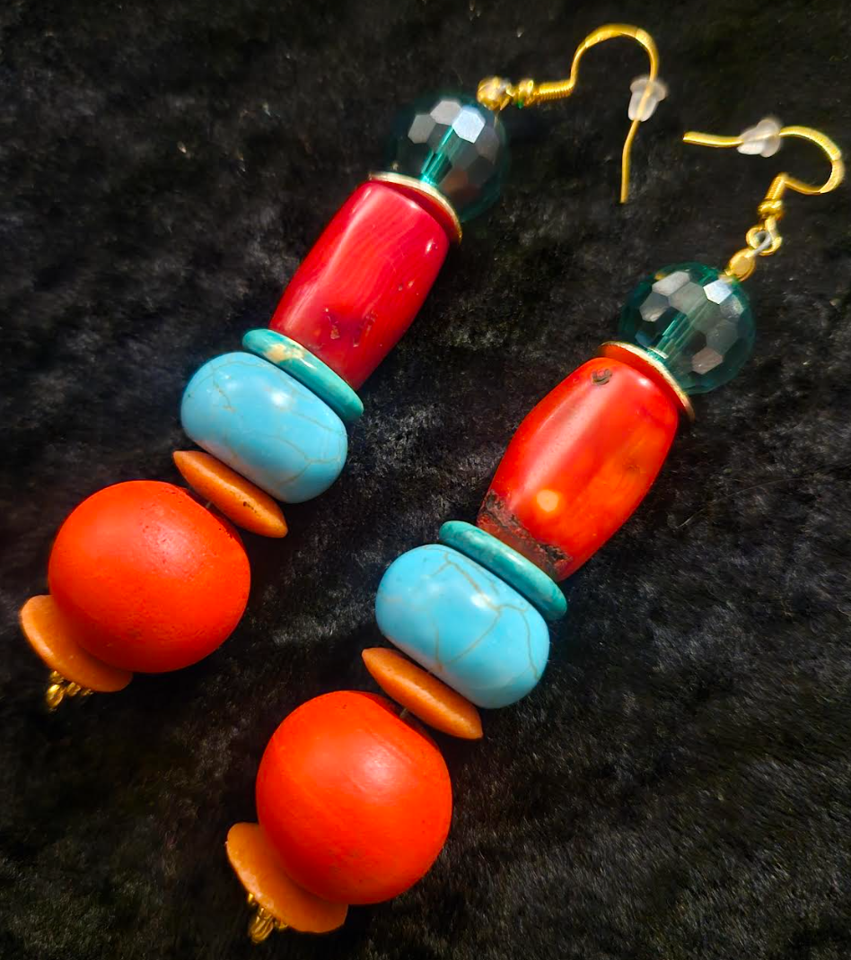 Red Blue and Green Beaded Pierced Statement Earrings Bold Chunky Dra