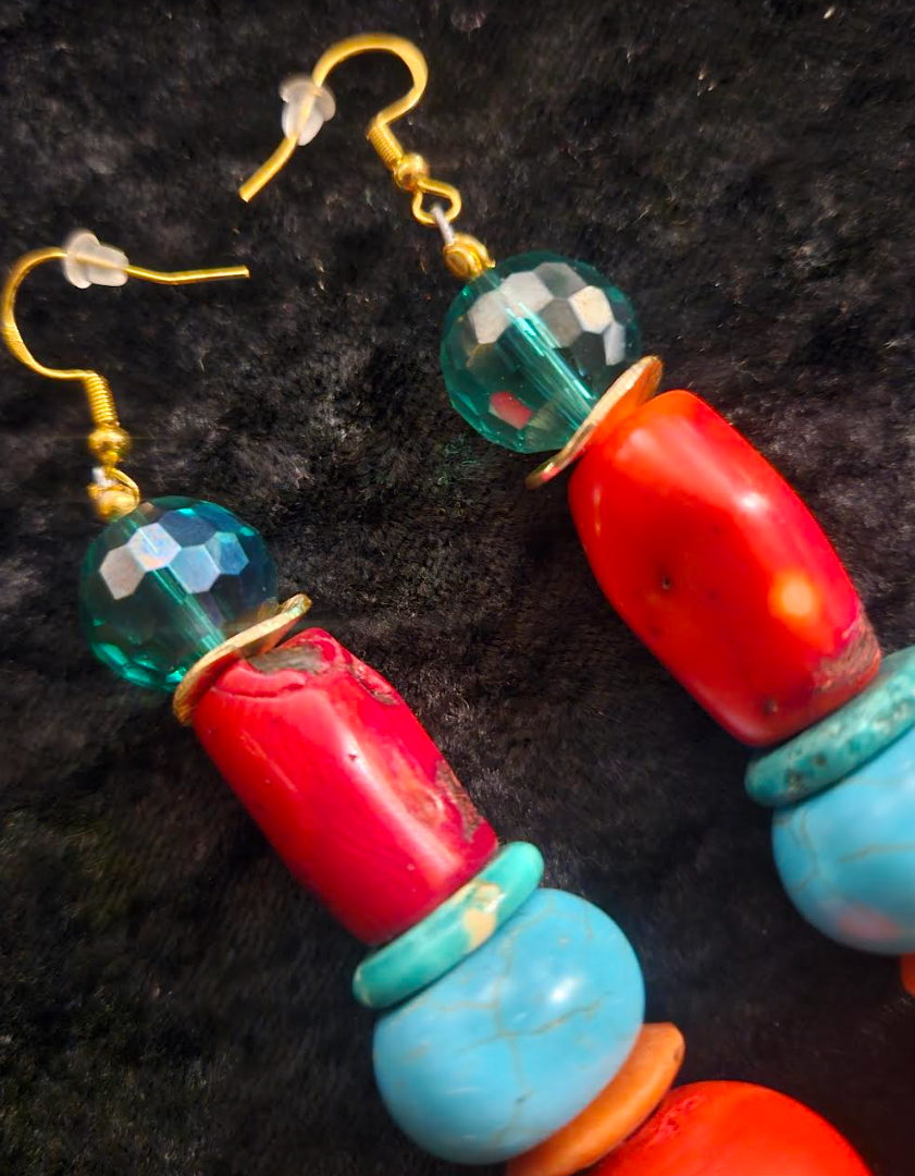 Red Blue and Green Beaded Pierced Statement Earrings Bold Chunky Dra