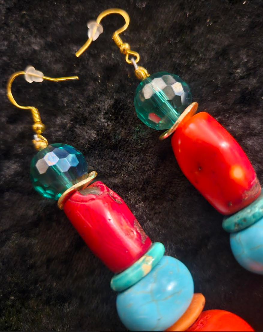 Red Blue and Green Beaded Pierced Statement Earrings Bold Chunky Dra