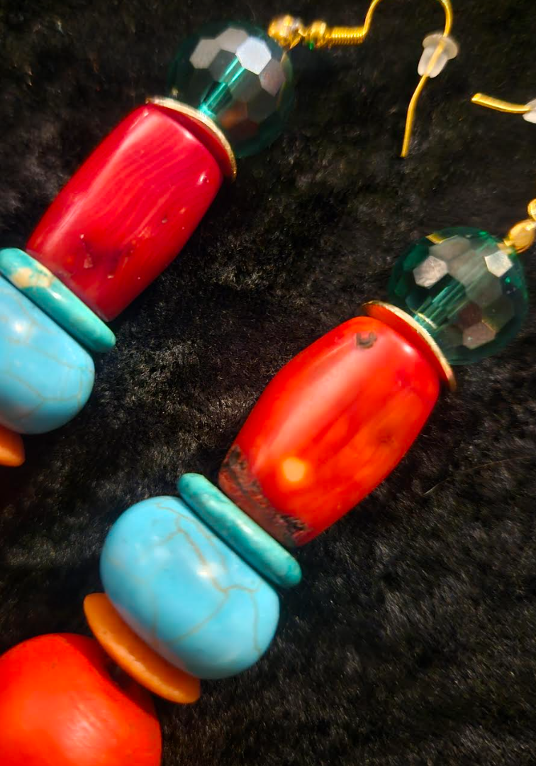 Red Blue and Green Beaded Pierced Statement Earrings Bold Chunky Dra