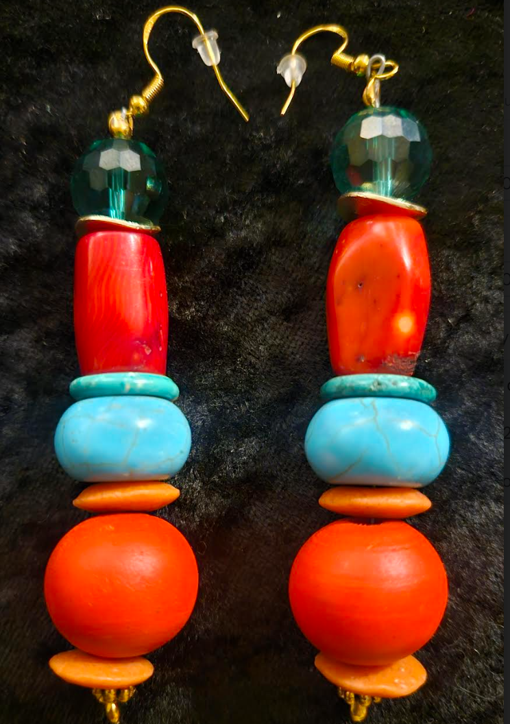 Red Blue and Green Beaded Pierced Statement Earrings Bold Chunky Dra