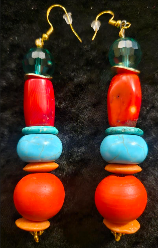 Red Blue and Green Beaded Pierced Statement Earrings Bold Chunky Dra