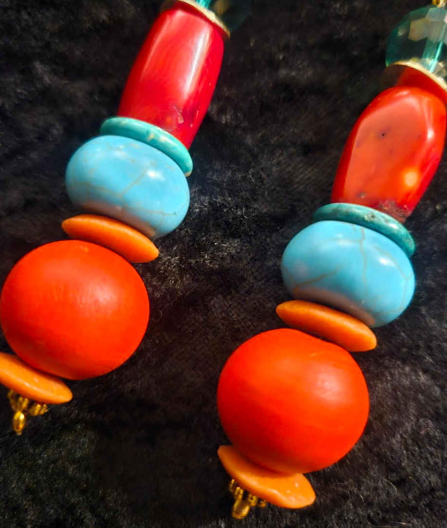 Red Blue and Green Beaded Pierced Statement Earrings Bold Chunky Dra