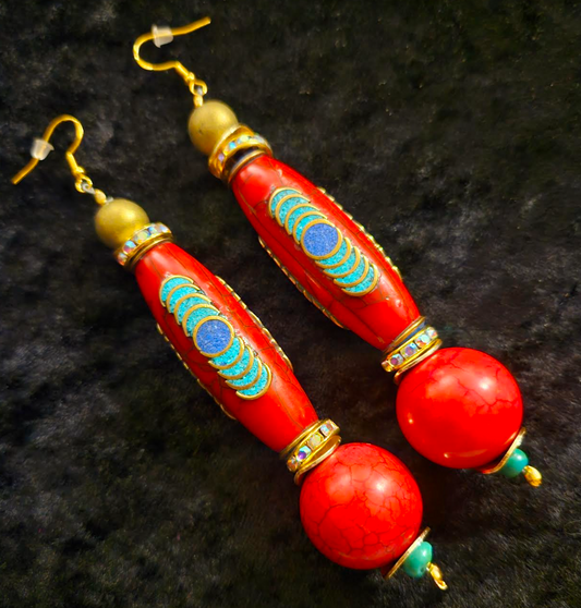 Red Tibetan Inlaid Resin Tribal Shoulder Dusters - Exotic & Wild