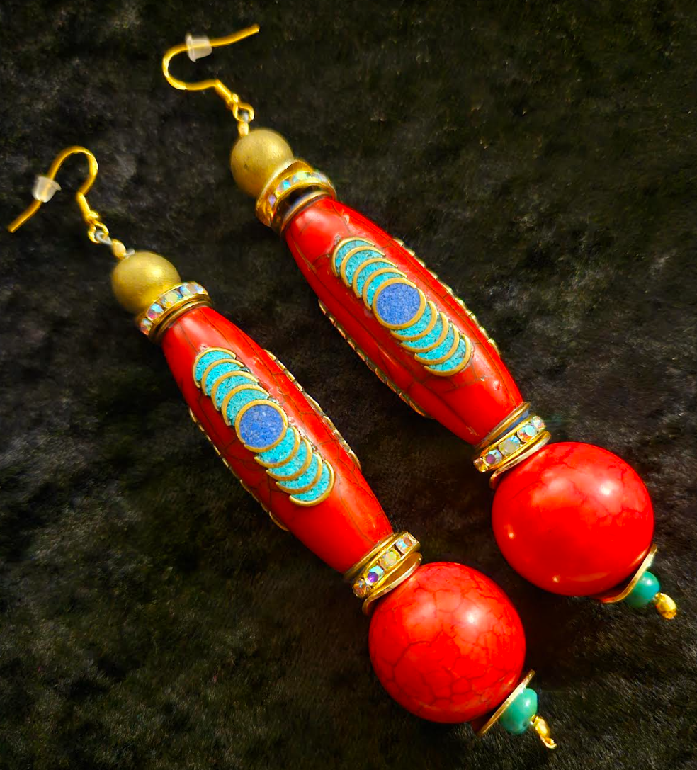Red Tibetan Inlaid Resin Tribal Shoulder Dusters Exotic & Wild Lo