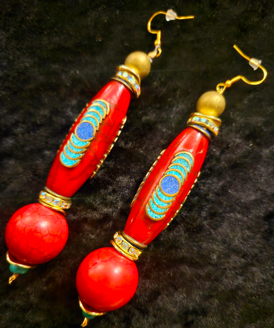 Red Tibetan Inlaid Resin Tribal Shoulder Dusters - Exotic & Wild