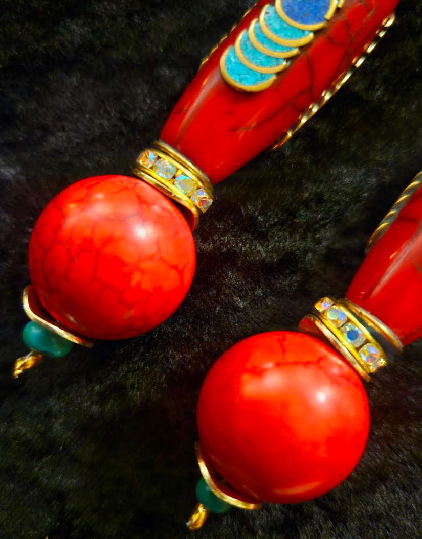 Red Tibetan Inlaid Resin Tribal Shoulder Dusters Exotic & Wild Lo
