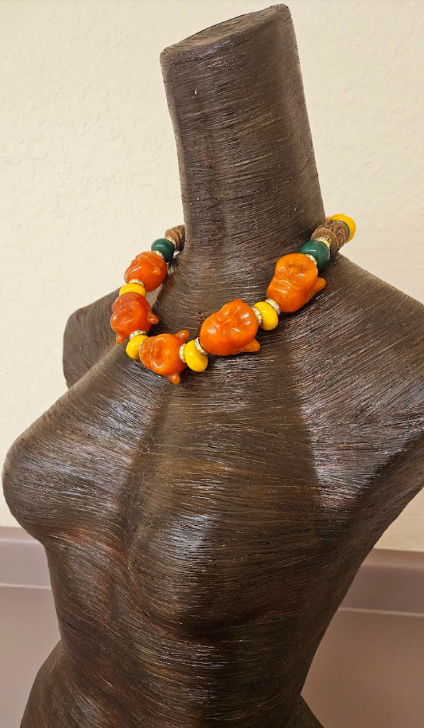 Orange Buddha Head Statement Necklace - Asian Religious Symbol