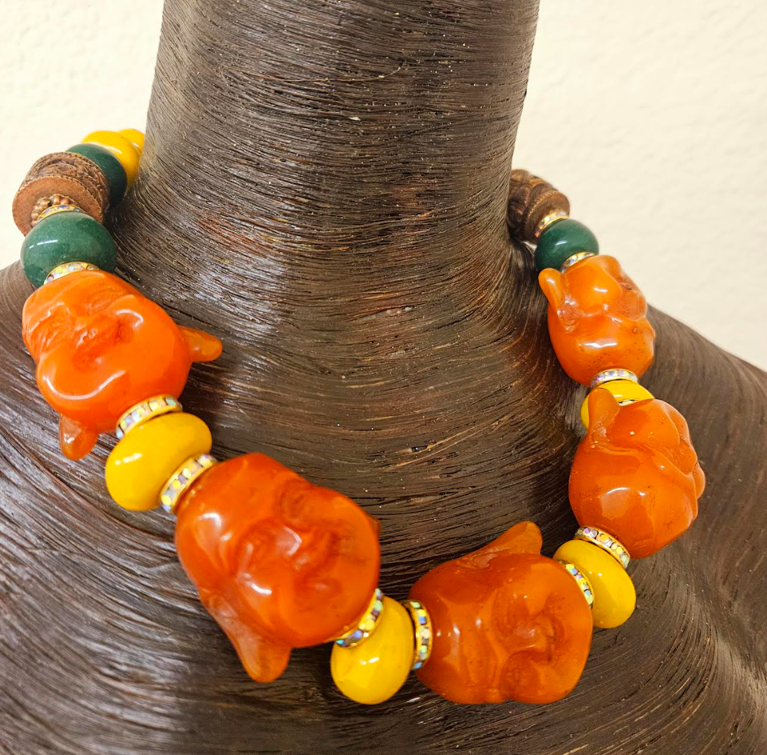 Orange Buddha Head Statement Necklace - Asian Religious Symbol