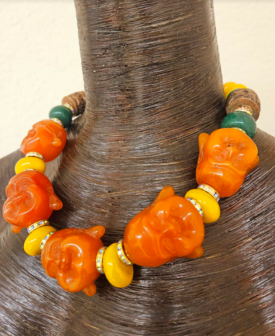 Orange Buddha Head Statement Necklace - Asian Religious Symbol