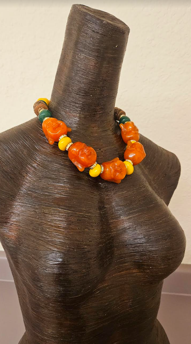 Orange Buddha Head Statement Necklace - Asian Religious Symbol