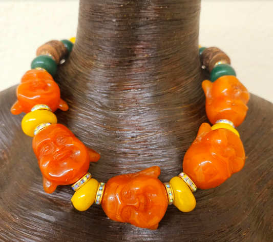 Orange Buddha Head Statement Necklace - Asian Religious Symbol