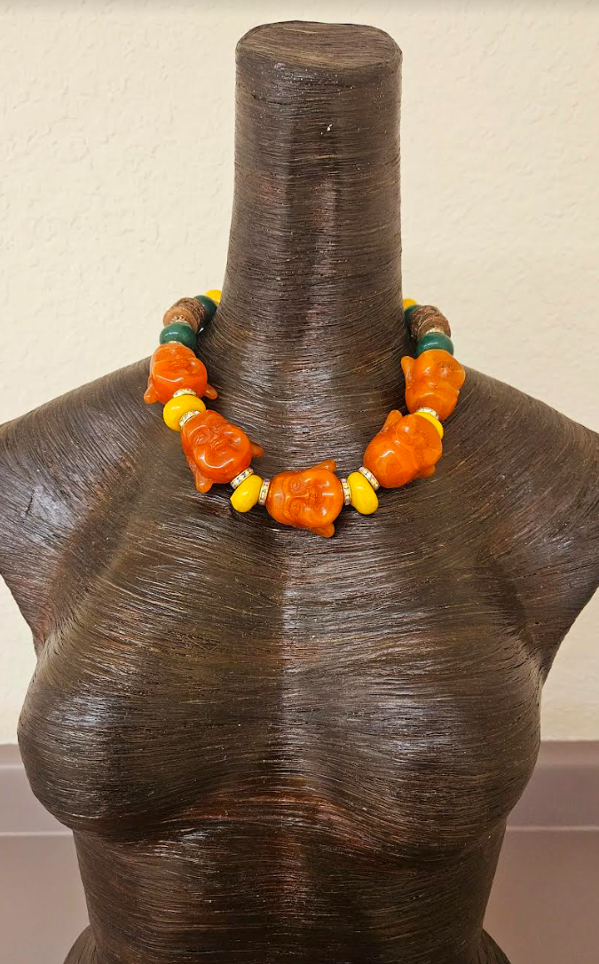 Orange Buddha Head Statement Necklace - Asian Religious Symbol