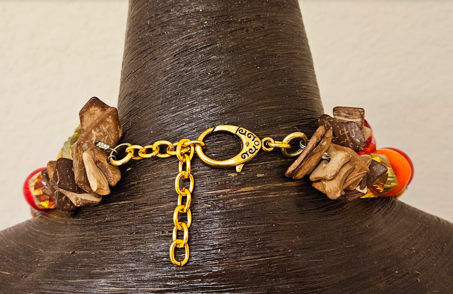 Orange Red & Gold Big Beaded Multi Strand Statement Necklace - Tribal