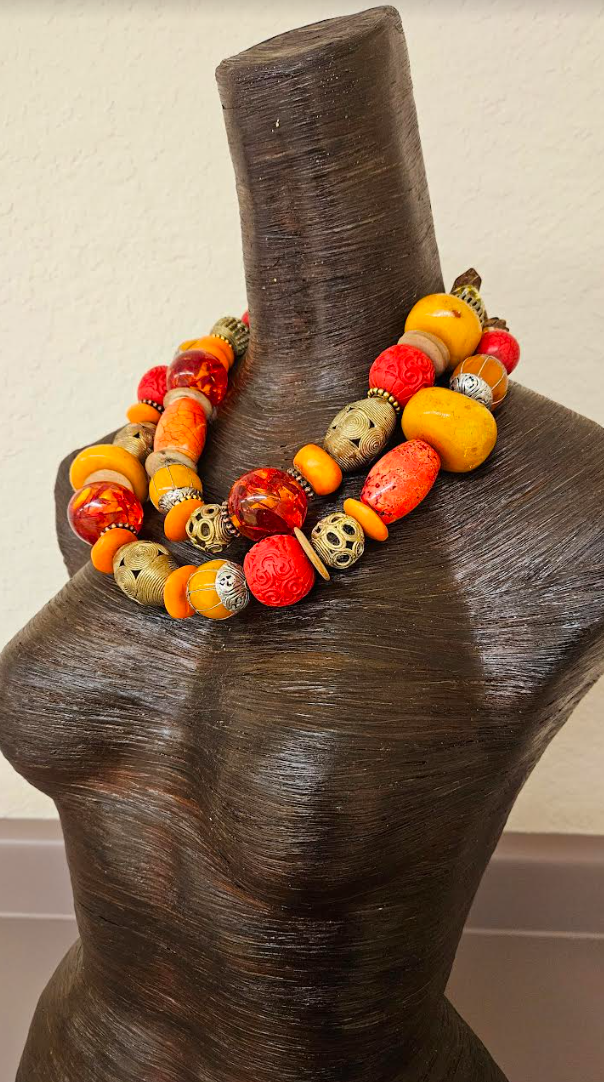 Oversized Orange Red & Gold Beaded Multi Strand Statement Tribal Necklace