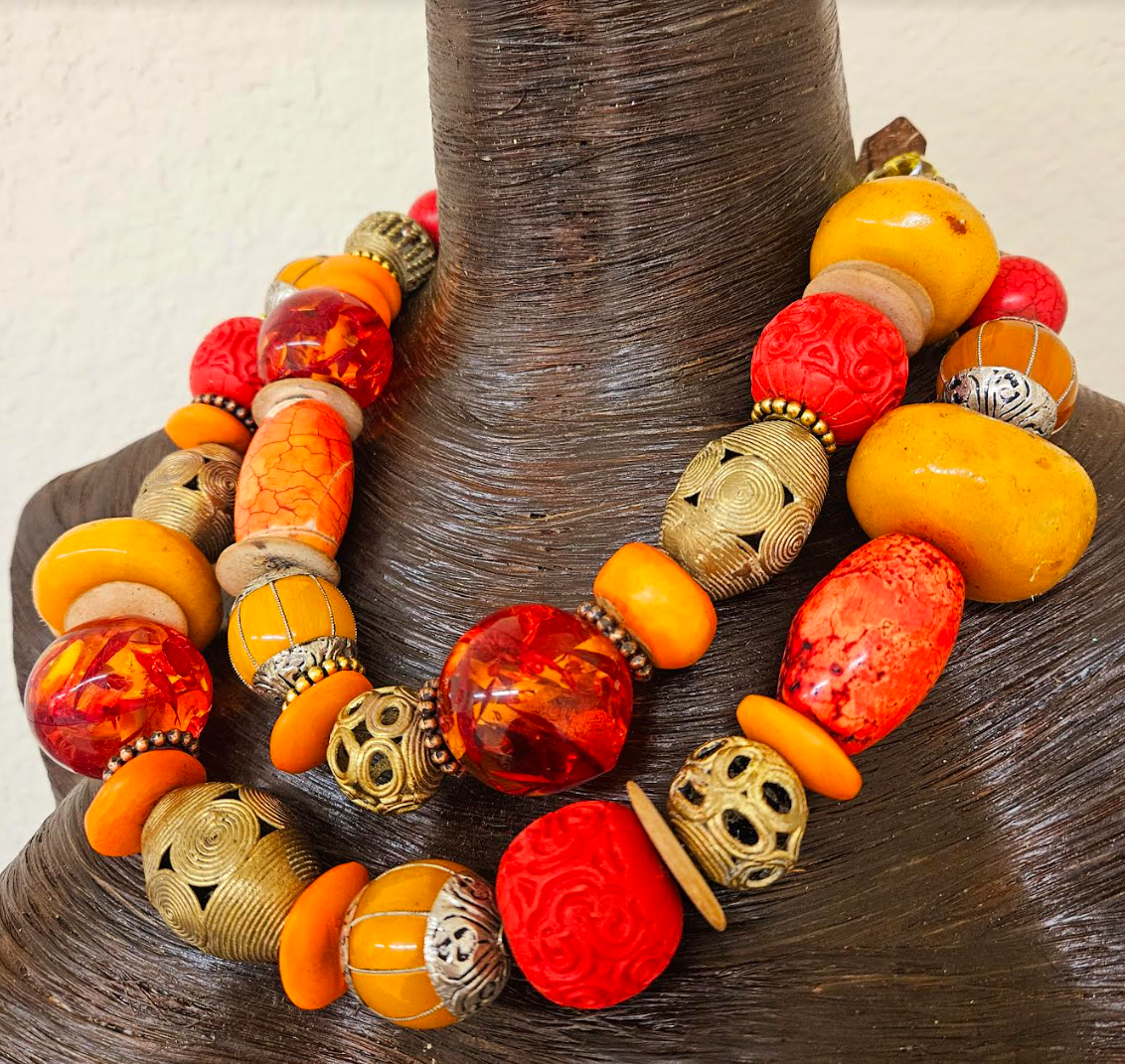 Oversized Orange Red & Gold Beaded Multi Strand Statement Tribal Necklace