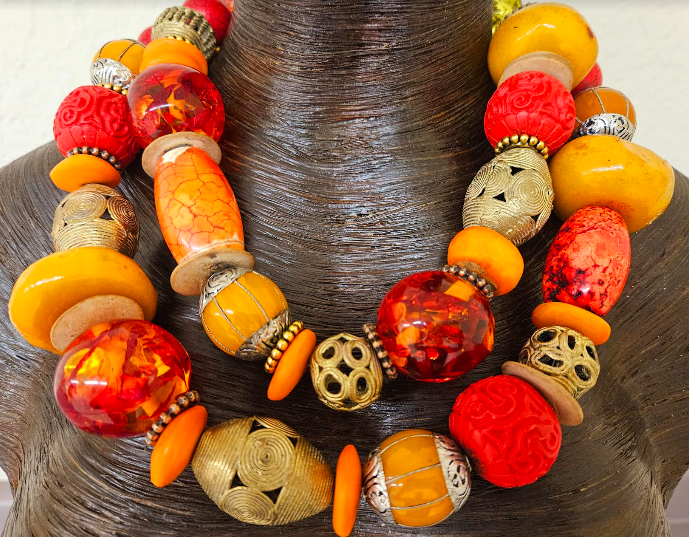 Oversized Orange Red & Gold Beaded Multi Strand Statement Tribal Necklace