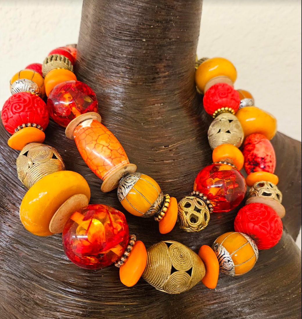 Oversized Orange Red & Gold Beaded Multi Strand Statement Tribal Necklace