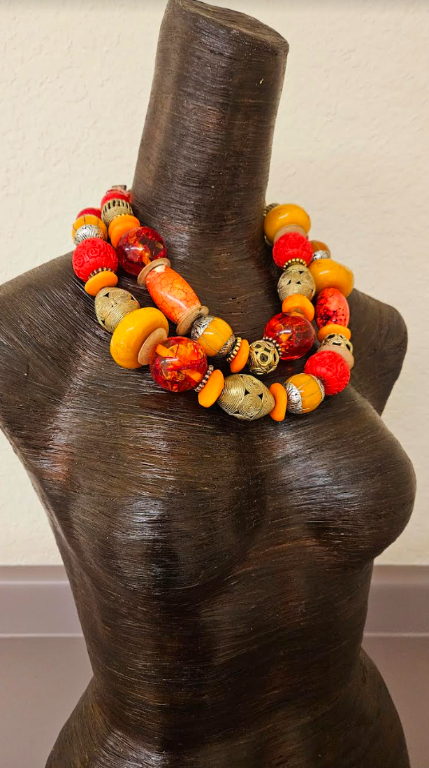 Oversized Orange Red & Gold Beaded Multi Strand Statement Tribal Necklace