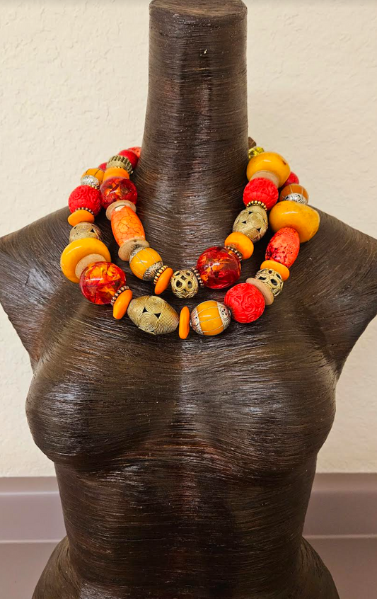 Oversized Orange Red & Gold Beaded Multi Strand Statement Tribal Necklace
