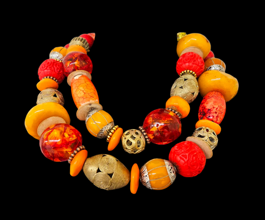 Orange Red & Gold Big Beaded Multi Strand Statement Necklace - Tribal