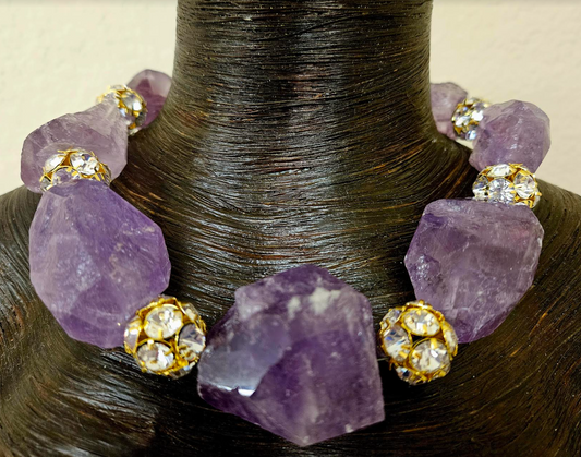 Rough Faceted Amethyst Boulder & Rhinestone Ball Statement Choker