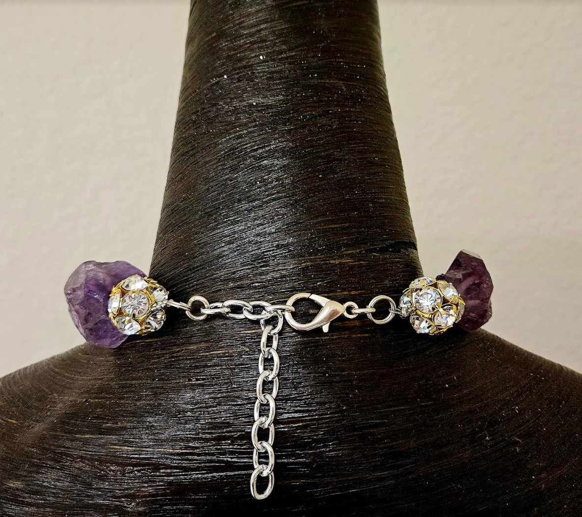 Rough Faceted Amethyst Boulder & Rhinestone Ball Statement Choker