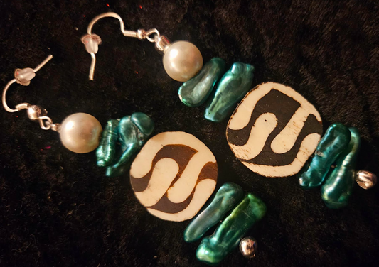 Green Freshwater Pearl & African Batik Bone Dangle Statement Earrings