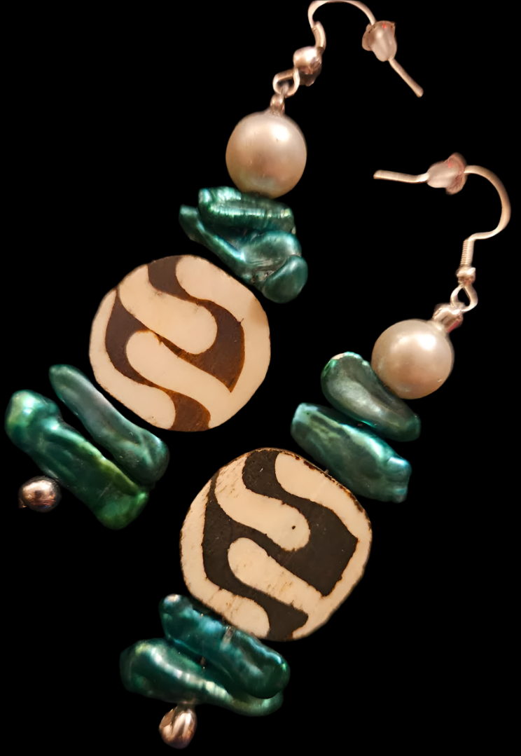 Green Freshwater Pearl & African Batik Bone Dangle Statement Earrings