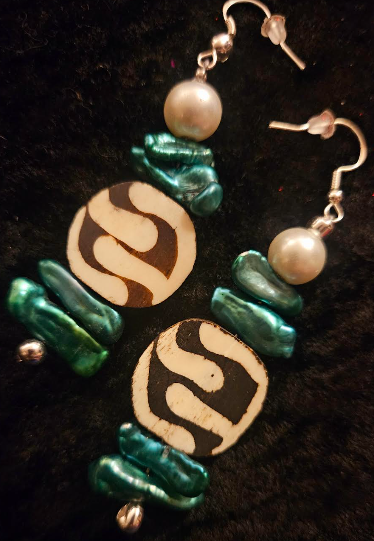 Green Freshwater Pearl & African Batik Bone Dangle Statement Earrings