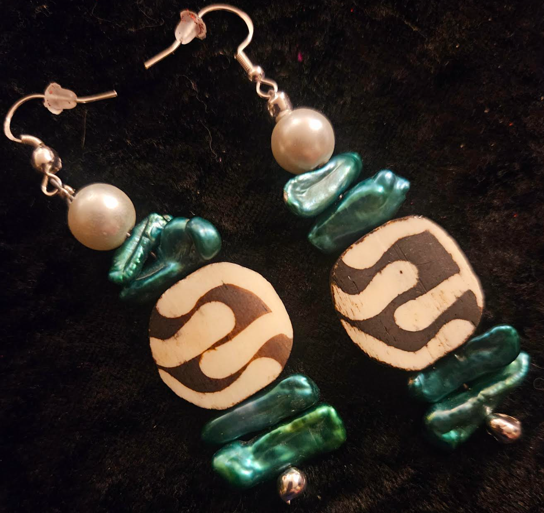 Green Freshwater Pearl & African Batik Bone Dangle Statement Earrings