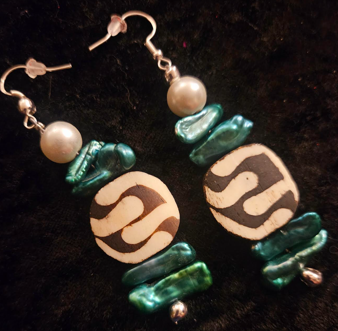 Green Freshwater Pearl & African Batik Bone Dangle Statement Earrings