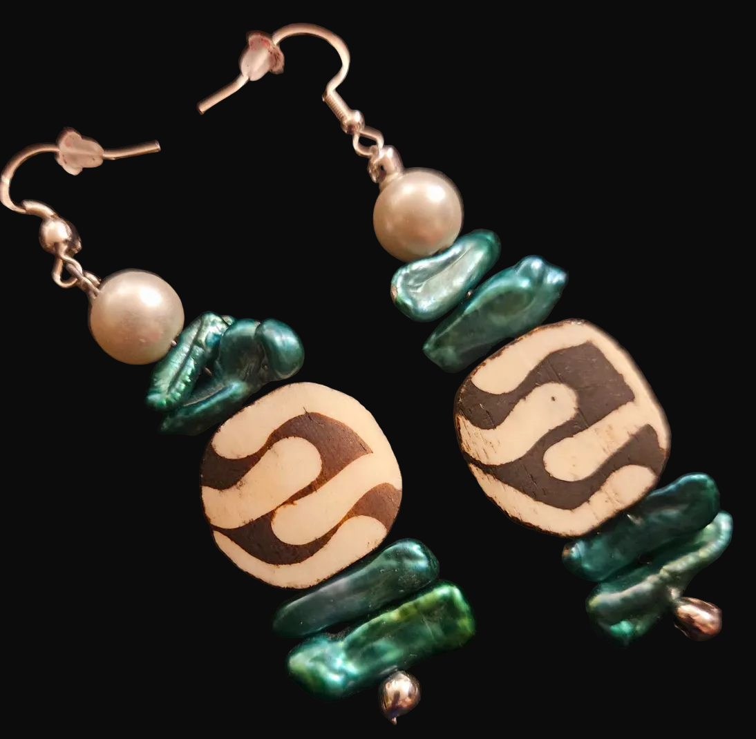 Green Freshwater Pearl & African Batik Bone Dangle Statement Earrings